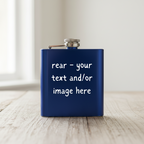 A blue metallic flask with a silver screw cap, text on the front reads 'rear - your text and/or image here'.