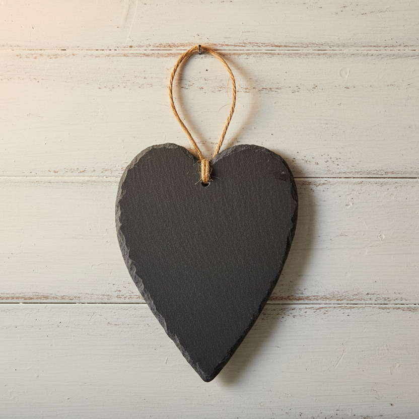 A heart-shaped dark gray slate hanging ornament with a natural jute twine loop, displayed against a rustic white-painted wooden background.