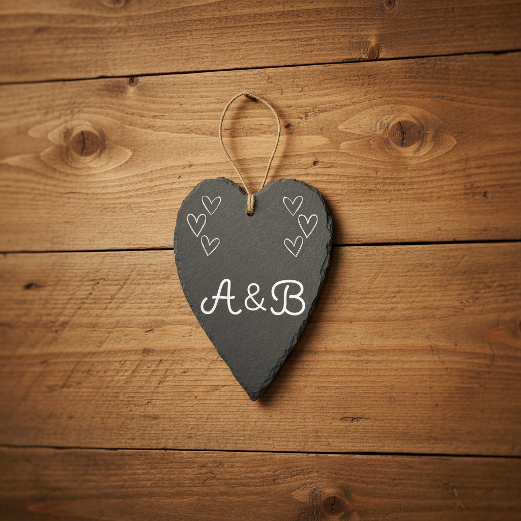 A heart-shaped dark gray slate hanging plaque with lettering reading 'A&B' in the center, small heart motifs near the top corners, and a natural twine loop at the top for hanging.