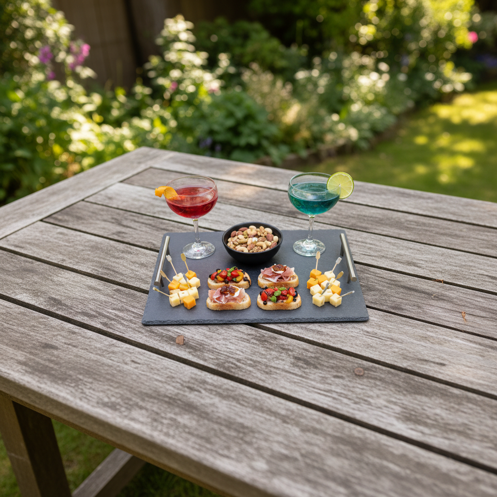 A rectangular black slate serving tray with two silver metal handles rests on a rustic wooden table. 