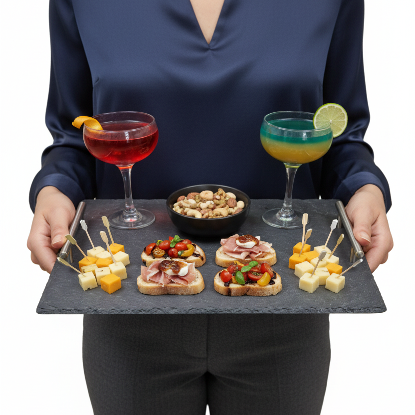 A rectangular black slate serving tray with two silver metal handles.